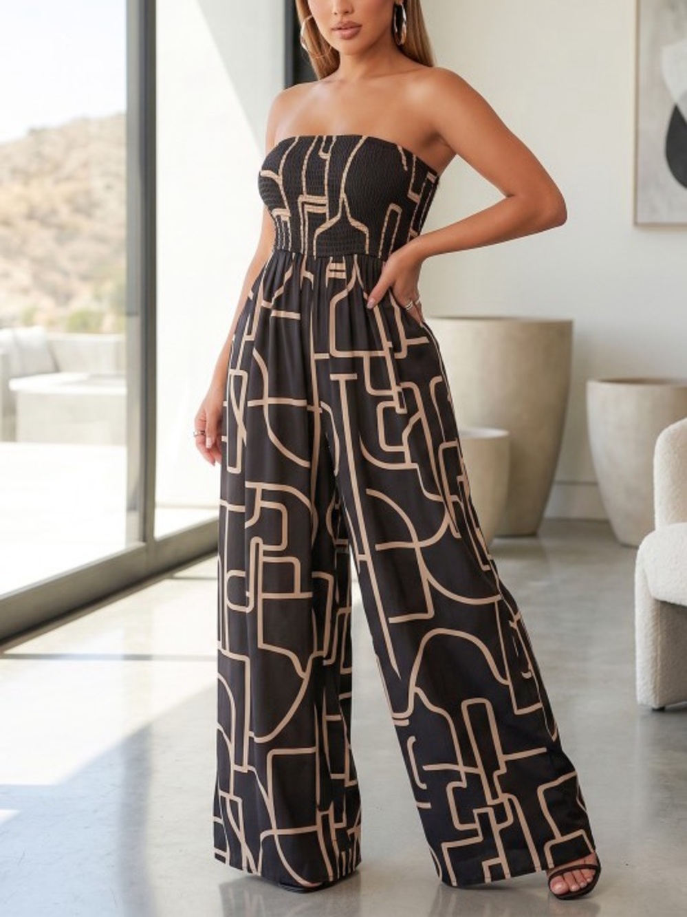 Strapless Wide-Leg Jumpsuit in Black and Tan A-80183